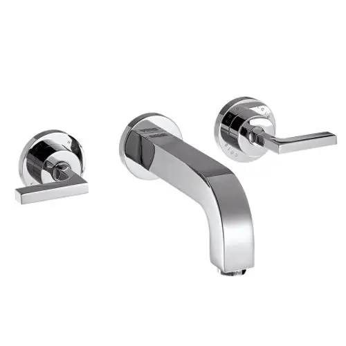 Waschtischarmatur von AXOR im minimalistischen Design für die Wandmontage, bestehend aus einem Auslauf und zwei Hebelgriffen. Oberfläche in glänzendem Chrom.